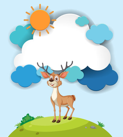 A happy deer standing on a grassy hill under the sun.のイラスト素材