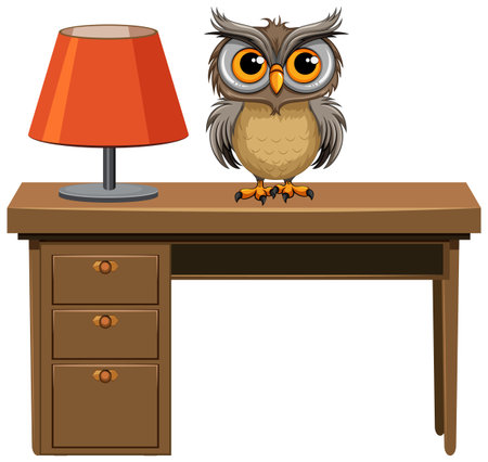 Cartoon owl perched on a wooden desk with lamp.のイラスト素材