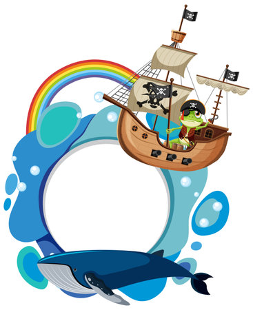 Cartoon pirate ship sailing over a playful whaleのイラスト素材