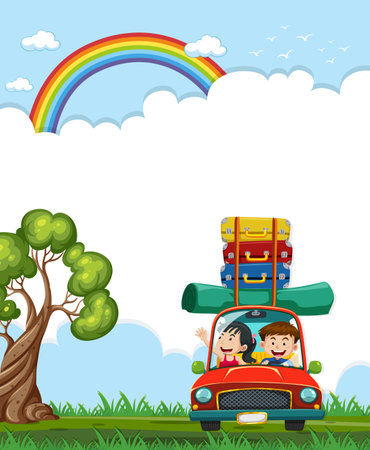 Cartoon family driving under a rainbow in natureのイラスト素材