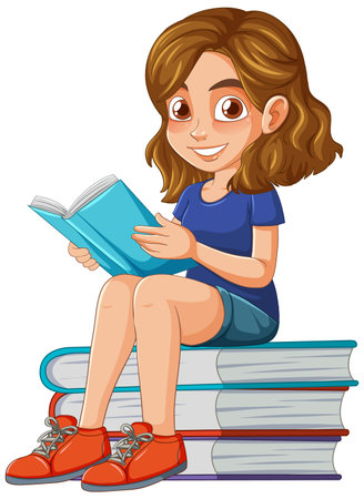 Illustration of a girl reading a book on stack of booksのイラスト素材