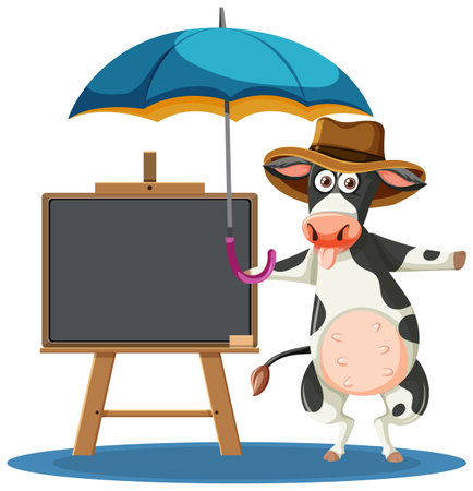 Cartoon cow standing by a blank chalkboardのイラスト素材