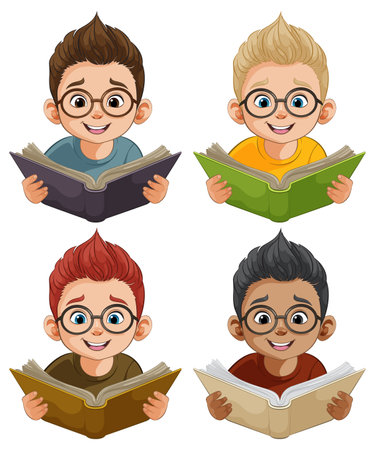 Four cartoon kids with books smiling happily.のイラスト素材