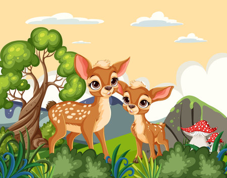 Two cute deer in a colorful woodland settingのイラスト素材