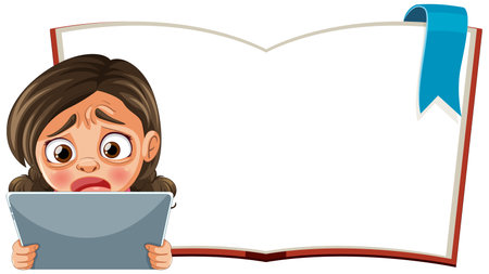 Cartoon of a girl looking anxious over an empty bookのイラスト素材