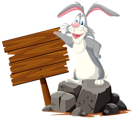 A happy rabbit leaning on a blank signpost.のイラスト素材