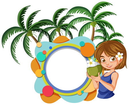 Vector illustration of girl with coconut drink by palms.のイラスト素材