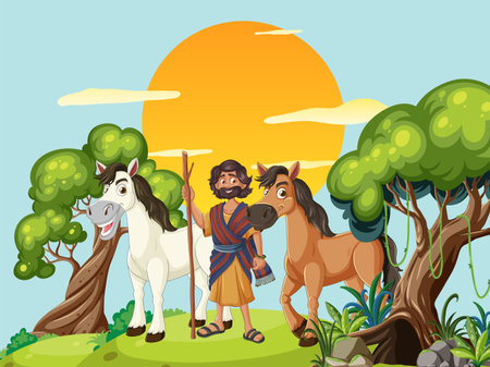 Cartoon of a man and horses in a scenic landscapeのイラスト素材