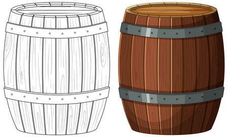 Two wooden barrels, one colored, one outlined.のイラスト素材