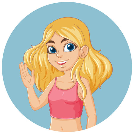 Cartoon of cheerful girl greeting with a waveのイラスト素材