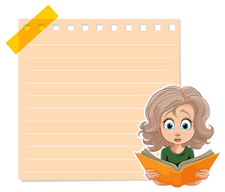 Cartoon of a girl with wide eyes reading intentlyのイラスト素材