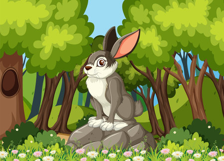 A cute rabbit sitting among vibrant forest flora.のイラスト素材
