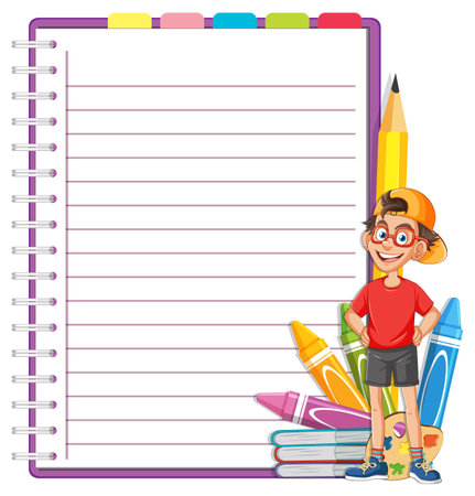 Cheerful boy with books and giant pencil illustration.のイラスト素材