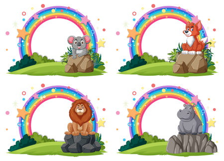Four animals sitting under a colorful rainbowのイラスト素材