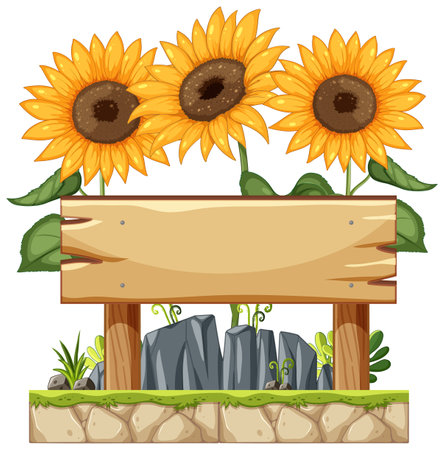 Three sunflowers behind a blank wooden sign.のイラスト素材