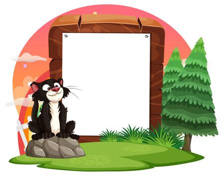 Cartoon skunk sitting by a wooden frame.のイラスト素材