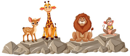 Cartoon animals sitting together on rocky terrain.のイラスト素材