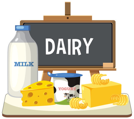 Illustration of various dairy products on a table.のイラスト素材