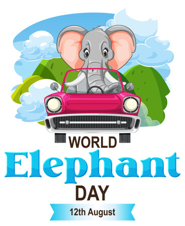 Cartoon elephant driving a pink car under blue sky.のイラスト素材