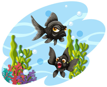 Two cartoon fish swimming among vibrant coral reefs.のイラスト素材