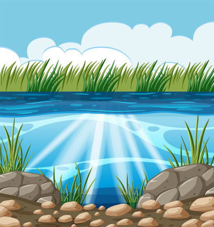 Vector art of a calm lake with rocks and grass.のイラスト素材