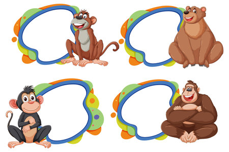 Four monkeys posing with vibrant speech bubblesのイラスト素材
