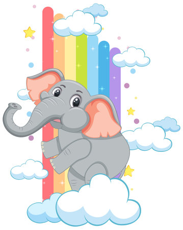 Cute elephant climbing a vibrant rainbowのイラスト素材