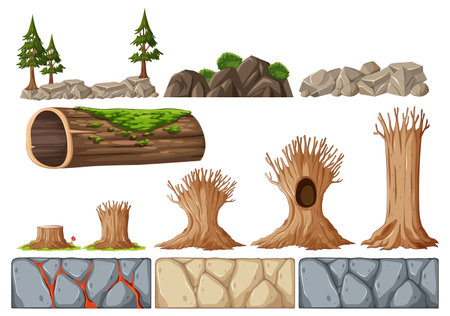 Collection of trees, rocks, and ground texturesのイラスト素材