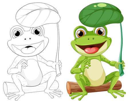 Colorful and line art frog illustrations with umbrellaのイラスト素材