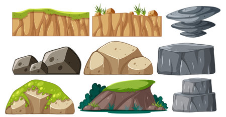 Collection of stylized rocks and boulders with foliageのイラスト素材