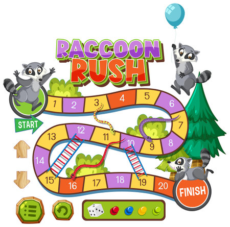 Colorful board game with raccoons and playful elementsのイラスト素材