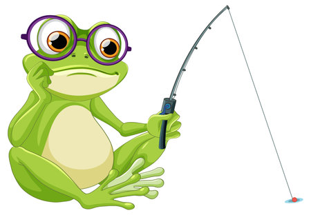 Cartoon frog holding a fishing rod, looking cuteのイラスト素材