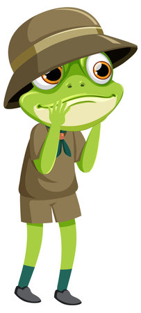 Cute frog in scout uniform thinkingのイラスト素材
