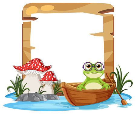 Cartoon frog rowing a wooden boat by mushroomsのイラスト素材