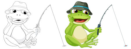 Cartoon frog fishing with a happy expressionのイラスト素材