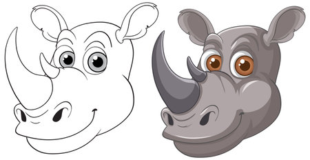 Smiling rhino in color and outline versionsのイラスト素材