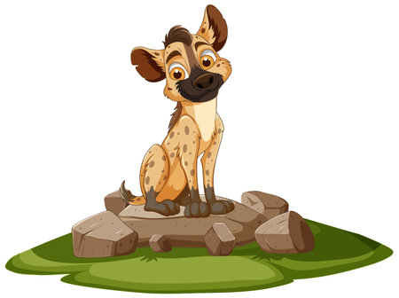 Adorable hyena sitting on grassy rocksのイラスト素材