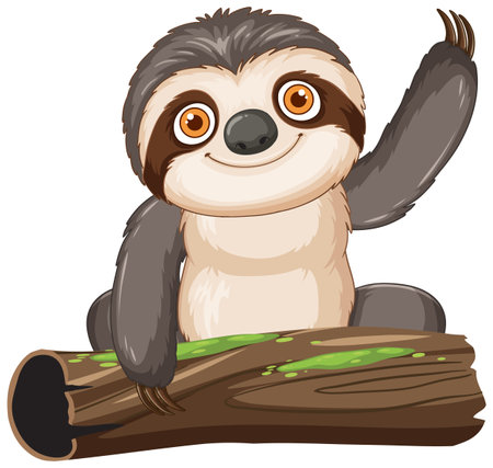 Cute sloth waving while sitting on logのイラスト素材