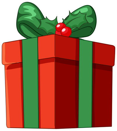 Red gift box with green ribbon and hollyのイラスト素材