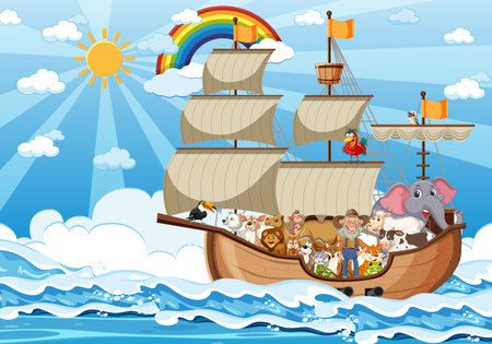Animals and man on a boat journeyのイラスト素材