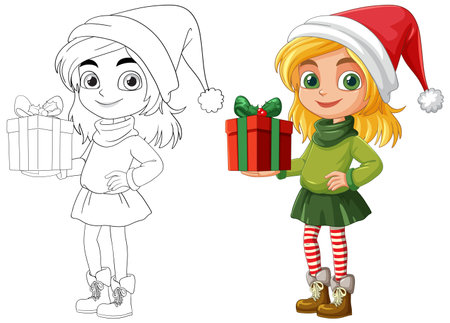 Girl holding a gift in holiday attireのイラスト素材