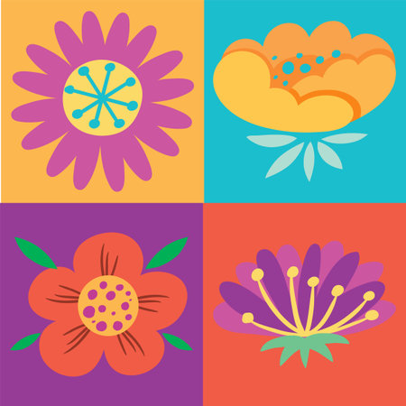 Four vibrant flowers in a grid layoutのイラスト素材