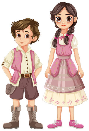 Illustration of a boy and girl in traditional attireのイラスト素材