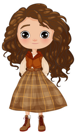 Cute girl with curly hair and plaid skirtのイラスト素材