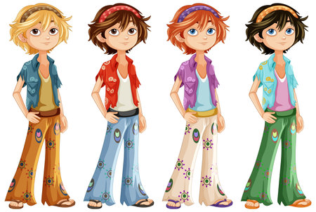 Four hippy boys in vibrant outfitsのイラスト素材