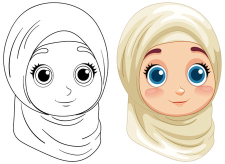 Color and outline versions of a smiling girlのイラスト素材