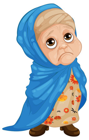 Elderly woman with sad expression and blue shawlのイラスト素材