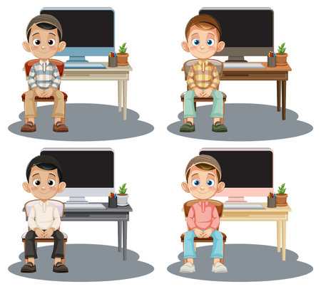 Four children sitting by desks with computersのイラスト素材