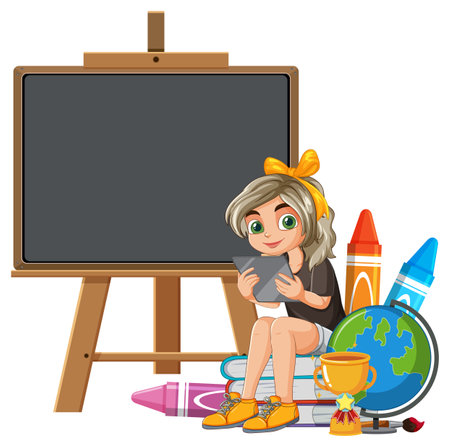 Girl reading with various educational toolsのイラスト素材