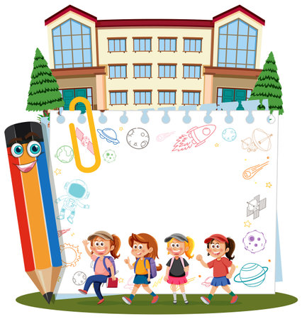 Children walking in front of a schoolのイラスト素材